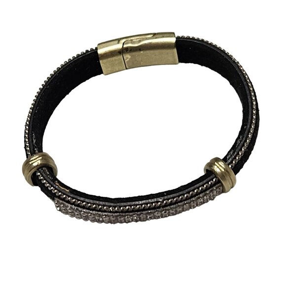 Gothic Black Leather Gold Tone Rhinestone Bracelet Punk Fashion Jewelry Women - Picture 2 of 5